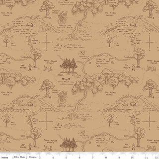 Echo Park for Riley Blake Designs Winnie the Pooh Map Brown Fabric (C17001-BROWN) features a repeating illustrated map of the Hundred Acre Wood with trees, rivers, and labeled locations. Ruler shown for scale. Brand: Fabric by Riley Blake.