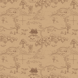 Echo Park for Riley Blake Designs Winnie the Pooh Map Brown Fabric (C17001-BROWN) features a vintage-style illustrated map with labeled spots like "100 Aker Wood" and "Piglet's House," plus trees and paths on a tan background by Fabric by Riley Blake.