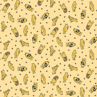 Echo Park for Riley Blake Designs Winnie the Pooh Toss Sunshine features playful Pooh illustrations and bees on a yellow background—ideal for your next project. Available as 1-yard fabric from Fabric by Riley Blake.