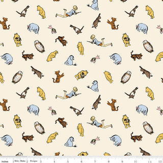 Echo Park for Riley Blake Designs' Winnie the Pooh Characters Cream Fabric (C17003-CREAM) features children and animal illustrations on a light beige background with a ruler at the bottom. Sold by the yard; perfect for sewing projects. Brand: Fabric by Riley Blake.