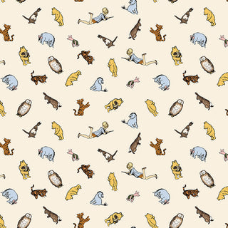 Echo Park for Riley Blake Designs Winnie the Pooh Characters Cream Fabric (C17003-CREAM) features playful kids and animals on beige, perfect for sewing projects; available by the yard from Fabric by Riley Blake.