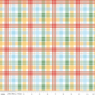 Echo Park for Riley Blake Designs Winnie the Pooh Plaid Multi Fabric (C17005-MULTI) features red, yellow, green, and blue lines on white with a ruler in inches—ideal for fabric by the yard projects. Brand: Fabric by Riley Blake.