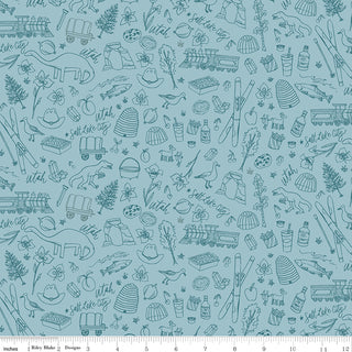 The Riley Blake Kelsey Carlson Utah Tonal Blue C17022-BLUE fabric by the yard features outlined skis, animals, mountains, plants, food, and Salt Lake City landmarks on blue. Includes inch ruler at bottom. Free shipping available!.