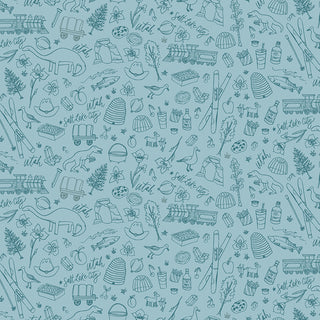The Riley Blake Kelsey Carlson Utah Tonal Blue C17022-BLUE fabric features hand-drawn Salt Lake City themes—skiing, mountains, wildlife, and local food. Available by the yard from Fabric by Riley Blake with free shipping for your creative projects.
