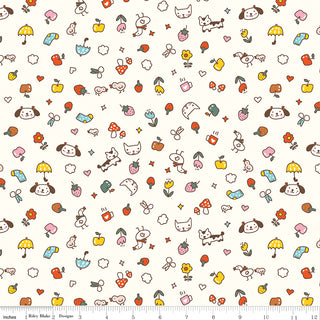 Serendipity 2 by Minki Kim C17301-CREAM Toss Cream Fabric Yardage from Fabric by Riley Blake features small, colorful cartoon animals, flowers, fruit, and mushrooms on white—perfect for nostalgic prints. Ruler at bottom shows scale.