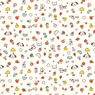 Serendipity 2 by Minki Kim C17301-CREAM Toss Cream Fabric Yardage from Riley Blake features a seamless pattern of colorful doodles—animals, flowers, fruit, and objects—on a light background, ideal for nostalgic quilting projects.