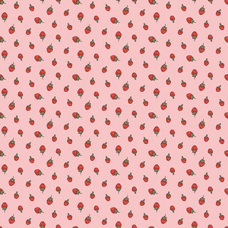 Serendipity 2 by Minki Kim C17302-PINK Strawberries Pink Fabric Yardage from Riley Blake features small red strawberries with green leaves on a light pink background—ideal for nostalgic prints or charming quilting projects.