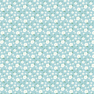 Serendipity 2 by Minki Kim C17304-POWDER Flower Bed Powder from Fabric by Riley Blake features a light blue background with small white flowers and green leaves—ideal quilting fabric or for coordinating with the Serendipity 2 collection.