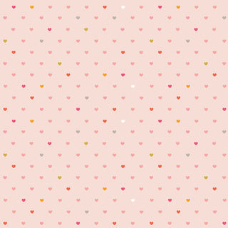 Serendipity 2 by Minki Kim C17305-BLUSH Hearts Blush Fabric Yardage from Riley Blake features small, multicolored hearts on light pink—ideal for quilting or nostalgic prints.