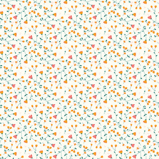 Serendipity 2 by Minki Kim C17306-CREAM Floral Cream Fabric Yardage from Riley Blake features small yellow and pink flowers with green leaves on a light beige background, ideal for quilting, keepsakes, and other sewing projects.