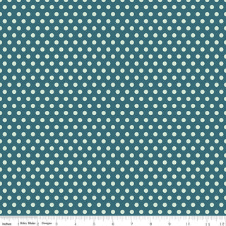 Serendipity 2 by Minki Kim C17307-RAINDROP Dots Raindrop Fabric Yardage from Riley Blake features teal quilting fabric with evenly spaced white polka dots in a grid, shown with a ruler at the bottom in inches from 0 to 12.