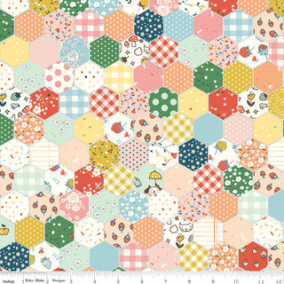 Serendipity 2 by Minki Kim C17309-MULTI cheater print from Riley Blake features a colorful hexagon patchwork with nostalgic motifs—strawberries, flowers, checks, dots, animals—and a measuring scale at the bottom; ideal for quilts.