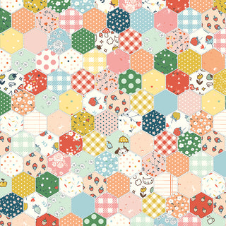 Serendipity 2 by Minki Kim C17309-MULTI Cheater Print Multi Fabric Yardage by Riley Blake features pastel hexagons with checks, florals, dots, strawberries, and whimsical designs—ideal for nostalgic fabric fans and quilting projects.