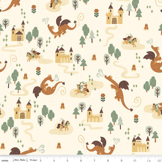 The Faraway Kingdom MAIN SAND C17430-SAND Fabric by 56-Riley Blake features dragons, knights, castles, and trees on cream quilting cotton. Includes an inch ruler at the bottom—ideal for medieval-inspired projects!.