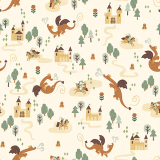 Faraway Kingdom MAIN SAND C17430-SAND by 56-Riley Blake features dragons, castles, trees, and knights on cream—ideal quilting cotton for medieval-inspired projects.