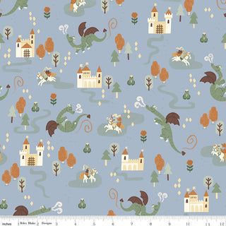 Faraway Kingdom MAIN SKY C17430-SKY by 56-Riley Blake features castles, knights, dragons, and trees on blue—ideal medieval quilting cotton. Includes a ruler along the bottom edge for scale.