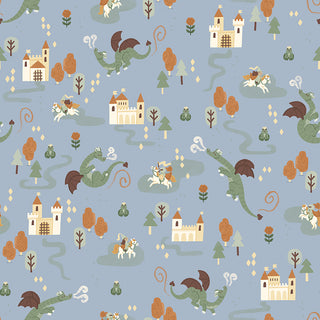 Faraway Kingdom MAIN SKY C17430-SKY by 56-Riley Blake features castles, trees, knights, and green dragons on blue—ideal for medieval-themed fabric or quilting cotton projects.