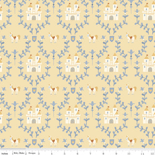 The 56-Riley Blake Faraway Kingdom ENCHANTED CASTLE SUNLIGHT C17431-SUNLIGHT quilting cotton features castles, horses, and blue leafy vines on beige with a ruler border—perfect for medieval or Faraway Kingdom-themed projects.