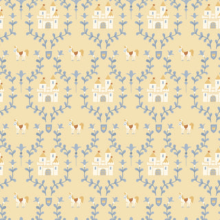 Faraway Kingdom ENCHANTED CASTLE SUNLIGHT C17431-SUNLIGHT by 56-Riley Blake: a beige quilting cotton with castles, horses, shields, and blue leafy vines—ideal for medieval or fantasy-themed sewing projects.