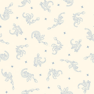 Faraway Kingdom DRAGON FLIGHT SAND C17432-SAND by 56-Riley Blake features a seamless pale background with light blue dragons and stars—ideal for quilting cotton or adding medieval charm to your fabric projects.