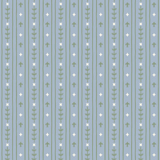 The Faraway Kingdom ROYAL STRIPE SKY C17433-SKY Fabric Yardage by 56-Riley Blake features green vines, small floral motifs, and white diamonds on a blue background—ideal quilting cotton inspired by medieval legends.