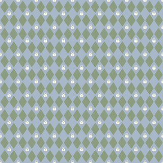 Faraway Kingdom HARLEQUIN PRINCE SKY C17434-SKY Fabric by 56-Riley Blake features white cartoon cat faces on a blue and green diagonal checkerboard—ideal for storybook-inspired projects and medieval quilting.