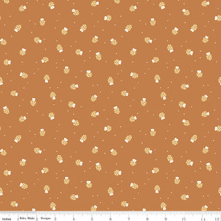 The Faraway Kingdom MUSHROOM CHEER EARTH C17435-EARTH Fabric Yardage by 56-Riley Blake features small white mushrooms with yellow spots on a brown background with tiny white dots and an inch ruler—ideal for medieval-inspired quilting or crafting.