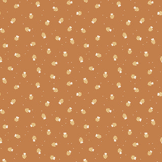 Faraway Kingdom MUSHROOM CHEER EARTH C17435-EARTH by 56-Riley Blake features a seamless light mushroom pattern on brown with white dots—ideal for quilting cotton projects inspired by medieval legends.