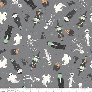 Frank and Friends MAIN GRAY C17470-GRAY by 56-Riley Blake features cartoon witches, ghosts, mummies, black cats, stars, and bats on gray. Premium quilting cotton fabric by the yard—perfect for your next spooky project! Ruler shown for scale.