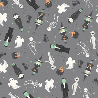 Frank and Friends MAIN GRAY C17470-GRAY by 56-Riley Blake features a seamless Halloween pattern with witches, ghosts, skeletons, mummies, black cats, cauldrons & Frankenstein’s monster on gray cotton fabric with green stars—great for quilting projects.