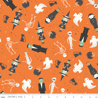 Frank and Friends MAIN ORANGE C17470-ORANGE by 56-Riley Blake is premium cotton fabric with witches, mummies, skeletons, ghosts, black cats, bats & Frankenstein's monster on orange—ideal quilting fabric by the yard for spooky projects.