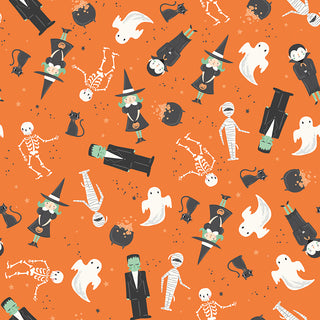 Frank and Friends MAIN ORANGE C17470-ORANGE by 56-Riley Blake features cartoon Halloween characters on orange premium cotton, perfect quilting fabric for festive sewing or your next monster mash project.