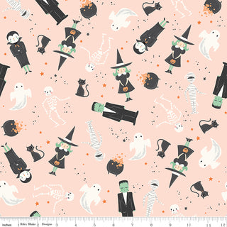 Frank and Friends MAIN PINK C17470-PINK by 56-Riley Blake is premium cotton fabric featuring witches, ghosts, skeletons, mummies, black cats & Frankenstein on light pink—perfect for your next spooky Halloween quilting project!.