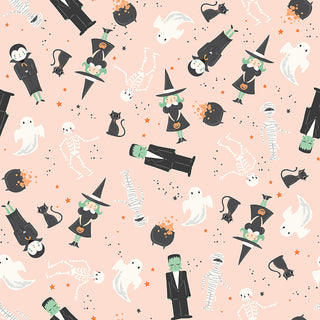 Frank and Friends MAIN PINK C17470-PINK Fabric Yardage by 56-Riley Blake features cartoon witches, vampires, ghosts, skeletons, black cats, cauldrons, pumpkins, and mummies on light pink—ideal premium cotton quilting fabric for your next project!.