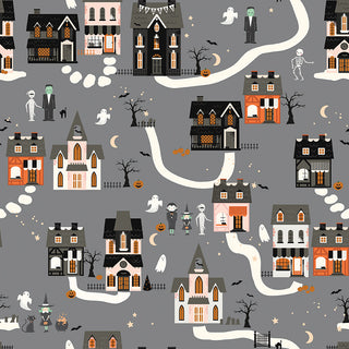 Frank and Friends HOUSES GRAY C17471-GRAY by 56-Riley Blake features haunted houses, ghosts, skeletons, pumpkins, bats, and bare trees on premium gray cotton—ideal for quilting or themed Halloween fabric projects.