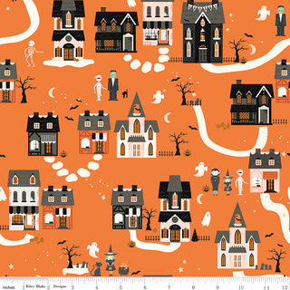 Frank and Friends HOUSES ORANGE C17471-ORANGE by 56-Riley Blake features a Halloween village with decorated houses, trick-or-treaters, ghosts, skeletons, bats, and pumpkins—perfect premium cotton fabric for quilting or festive projects.