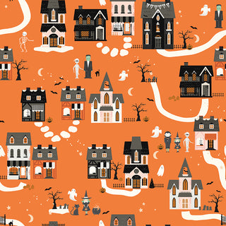 Frank and Friends HOUSES ORANGE C17471-ORANGE by 56-Riley Blake features Halloween houses, ghosts, skeletons, pumpkins, and bats on orange—premium cotton yardage ideal for your next spooky quilting project.