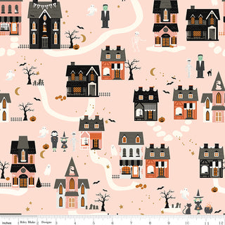 Frank and Friends HOUSES PINK C17471-PINK by 56-Riley Blake features a Halloween village with haunted houses, ghosts, and pumpkins on light pink—ideal for premium quilting or monster mash fabric by the yard.