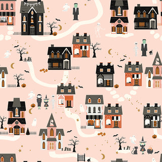 Frank and Friends HOUSES PINK C17471-PINK by 56-Riley Blake features spooky houses, ghosts, pumpkins, bats, skeletons, moons, and trees on light pink cotton—perfect for quilting your next Halloween project.