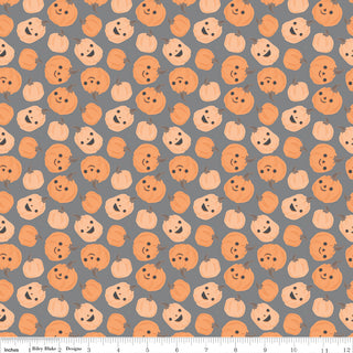 Frank and Friends PUMPKINS CHARCOAL C17472-CHARCOAL by 56-Riley Blake features cartoon orange pumpkins with expressive faces on gray premium cotton—includes inch scale. Ideal for your next Monster Mash fabric project!.