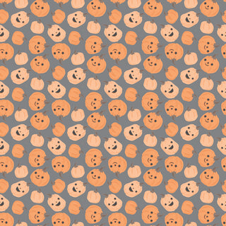 Frank and Friends PUMPKINS CHARCOAL C17472-CHARCOAL by 56-Riley Blake features smiling and neutral orange pumpkins on gray, perfect quilting fabric by the yard for festive or monster mash projects.