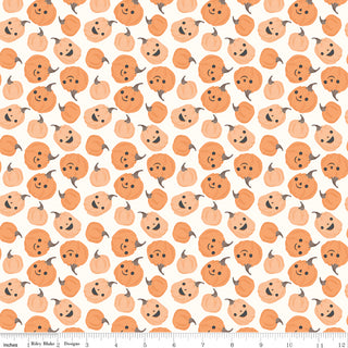 Frank and Friends PUMPKINS CLOUD C17472-CLOUD by 56-Riley Blake features a repeating pumpkin pattern on premium cotton fabric. A ruler along the edge shows inches, making it ideal for quilting by the yard.