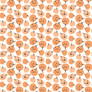 Frank and Friends PUMPKINS CLOUD C17472-CLOUD by 56-Riley Blake features a seamless pattern of plain and smiling cartoon pumpkins on white, perfect for playful monster mash or quilting fabric by the yard.