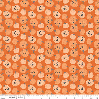 Frank and Friends PUMPKINS ORANGE C17472-ORANGE by 56-Riley Blake features smiling orange and peach pumpkins on orange fabric with an inch ruler at the bottom—perfect Halloween cotton for quilting or crafting.