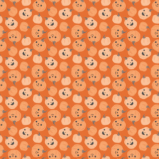 Frank and Friends PUMPKINS ORANGE C17472-ORANGE Fabric Yardage by 56-Riley Blake features rows of smiling cartoon pumpkins on an orange background—ideal for Halloween fabric or quilting cotton projects.