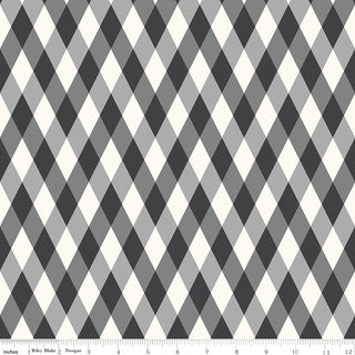 Frank and Friends DIAMONDS BLACK C17473-BLACK by 56-Riley Blake features a premium cotton fabric with gray, black, and white diamond shapes in diagonal rows. Sold by the yard; ruler at bottom shows inch measurements.