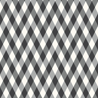 Frank and Friends DIAMONDS BLACK C17473-BLACK by 56-Riley Blake features a seamless geometric pattern of alternating black, white, and gray diamonds—perfect for premium cotton quilting fabric by the yard.