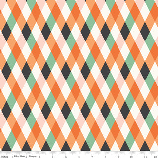 Frank and Friends DIAMONDS MULTI C17473-MULTI Fabric by 56-Riley Blake features a festive harlequin pattern in orange, black, mint green, cream, and pale pink—ideal Halloween quilting cotton for playful seasonal projects.
