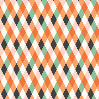 Frank and Friends DIAMONDS MULTI C17473-MULTI by 56-Riley Blake features an argyle pattern in orange, green, black, white, and light pink—ideal monster mash or Halloween quilting cotton for unique projects.
