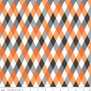 Frank and Friends DIAMONDS ORANGE C17473-ORANGE by 56-Riley Blake features orange, black, gray, and white diamonds in diagonal rows with a measurement scale—ideal premium cotton fabric for your next Monster Mash quilting project.